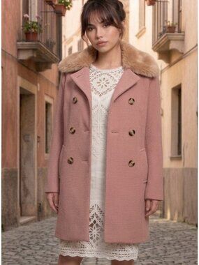 Zara Pink Blush Mauve Bouclé Peacoat with Faux Fur Removable Collar